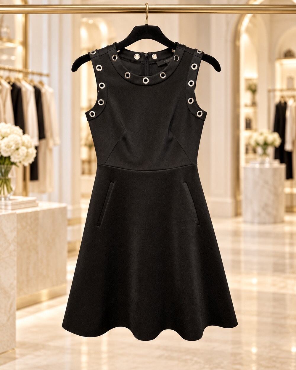 Marc New York Black Grommet Sleeveless Skater Dress Exposed Zip Size 2 Office